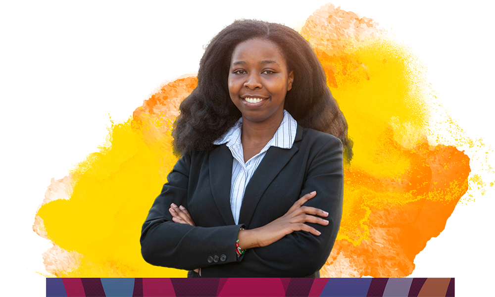 Black woman in business suit smiling with arms crossed on orange watercolor background