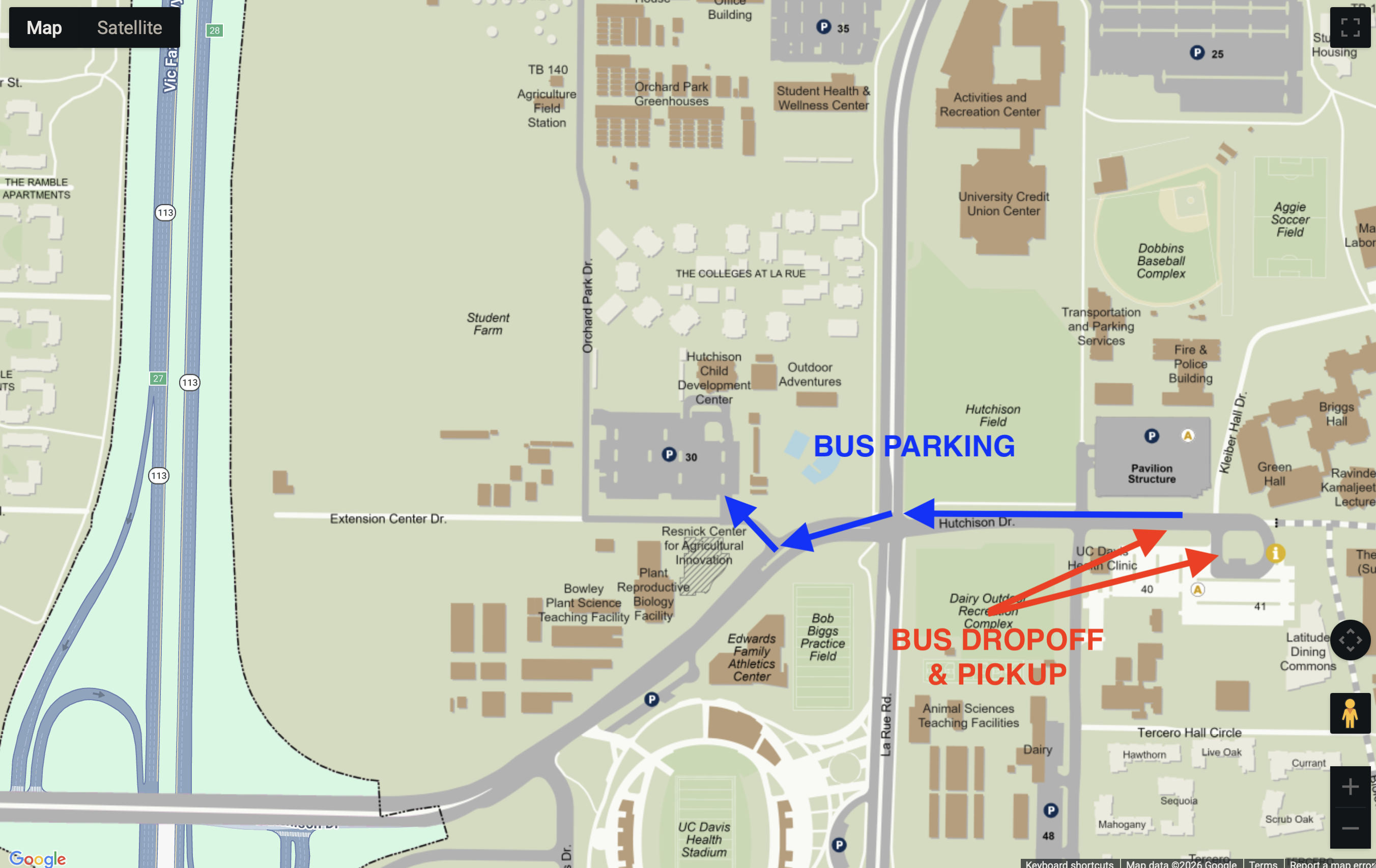 Map graphic: blue arrow - bus parking north; red arrow - drop-off/pickup at southeast entrance