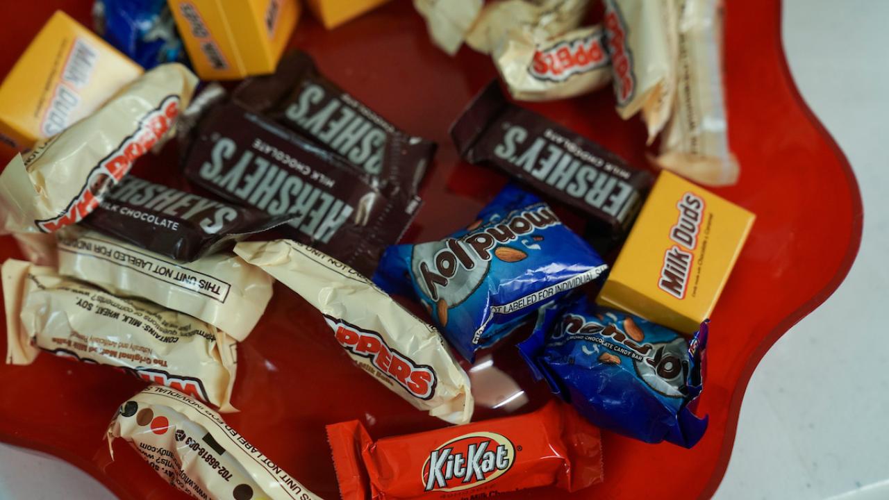 Various small pieces of candy in a basket—Hershey, Kit Kat, and others.