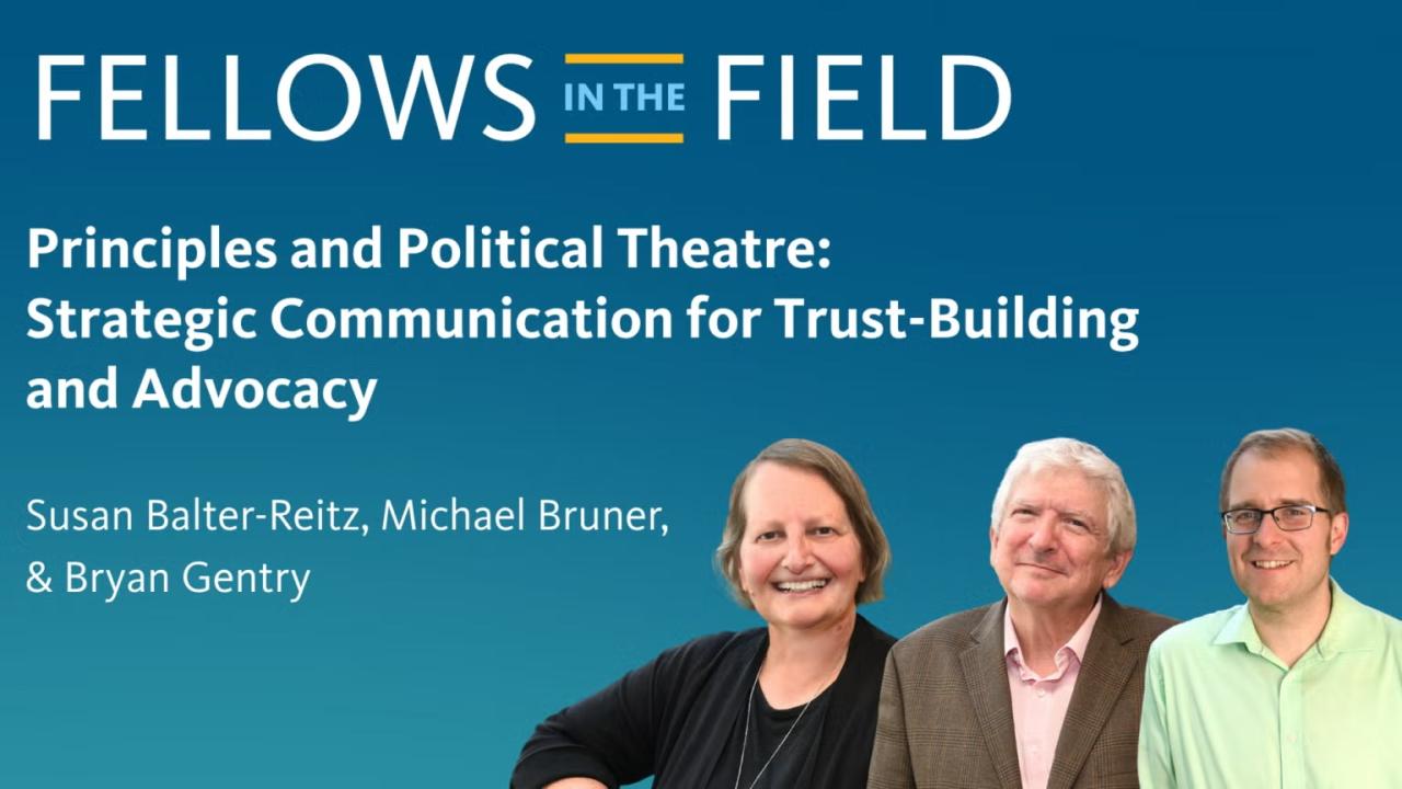 Presentation slide with FELLOWS IN THE FIELD logo, title, and three smiling portraits