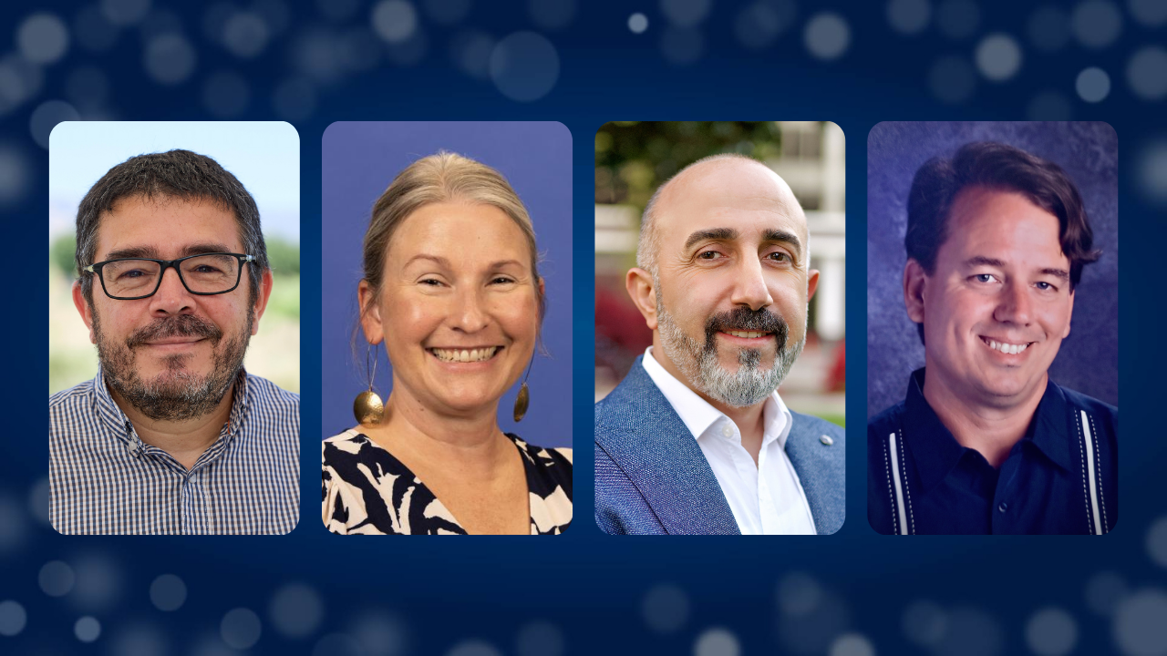 Four headshots of smiling individuals against a blue and bokeh background.