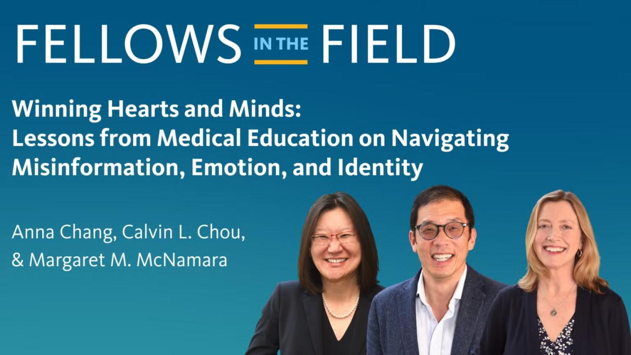 Blue banner graphic with three smiling headshot photos and 'Fellows in the Field' title