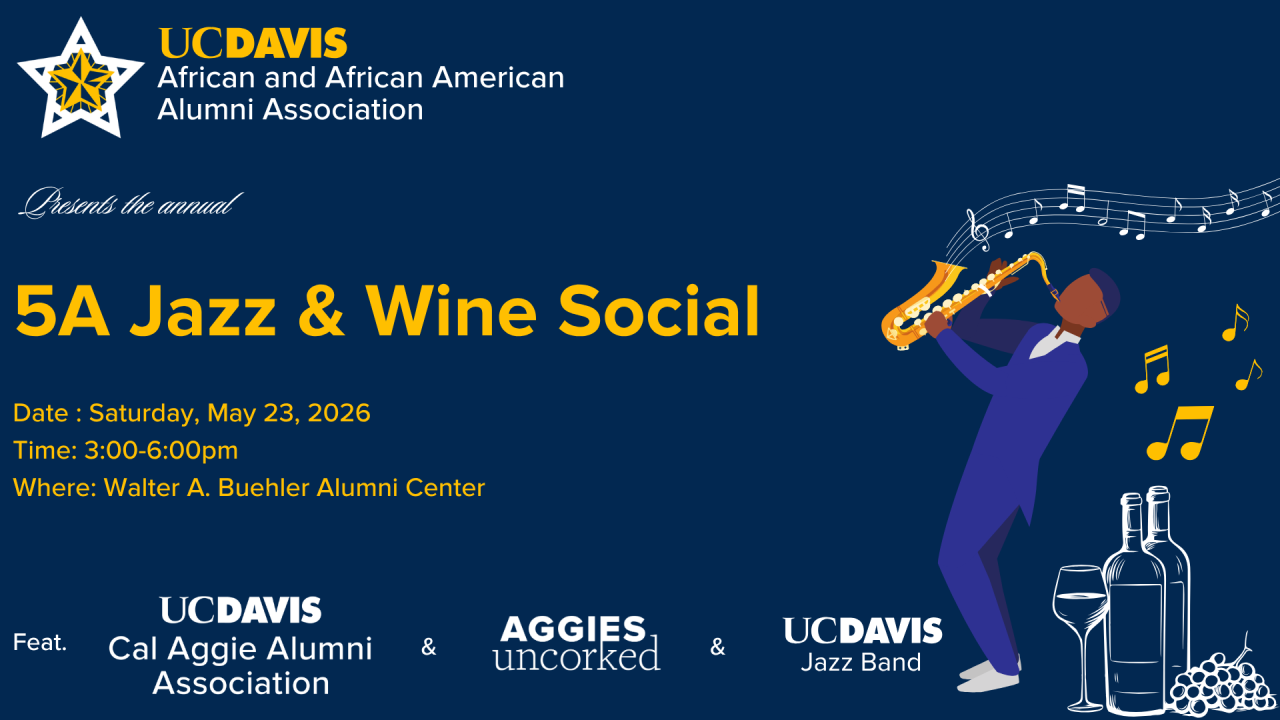 Graphic poster: 5A Jazz &amp; Wine Social — saxophonist illustration with UC Davis logos