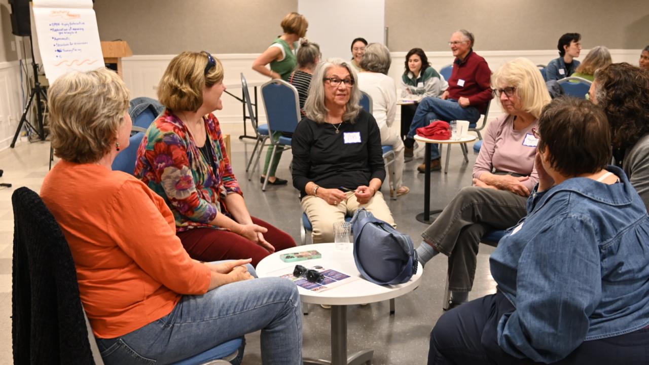Woman in black top sits at center of book club group.