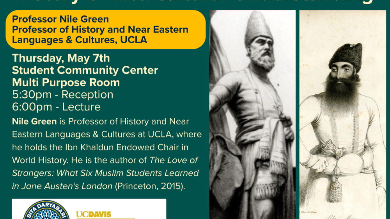 Green UCLA lecture poster titled "Europe's First Persian Students" with historic portraits