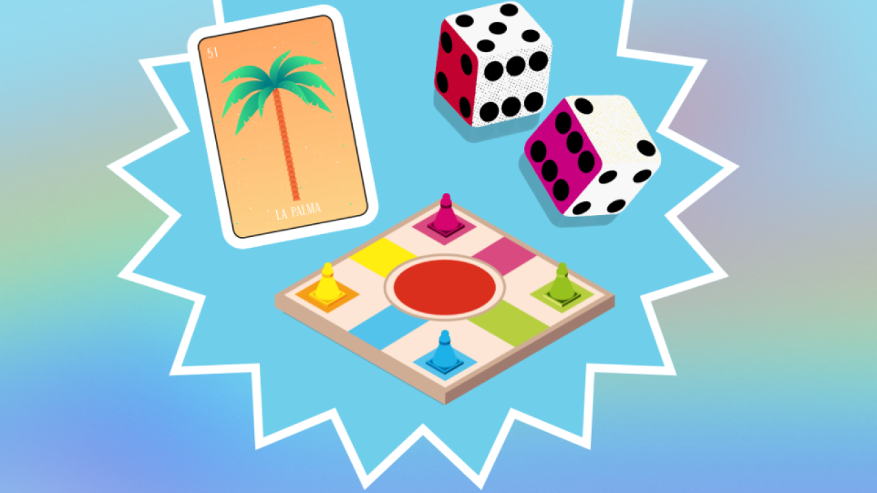 Illustration of cards, a game board and dice on a rainbow background