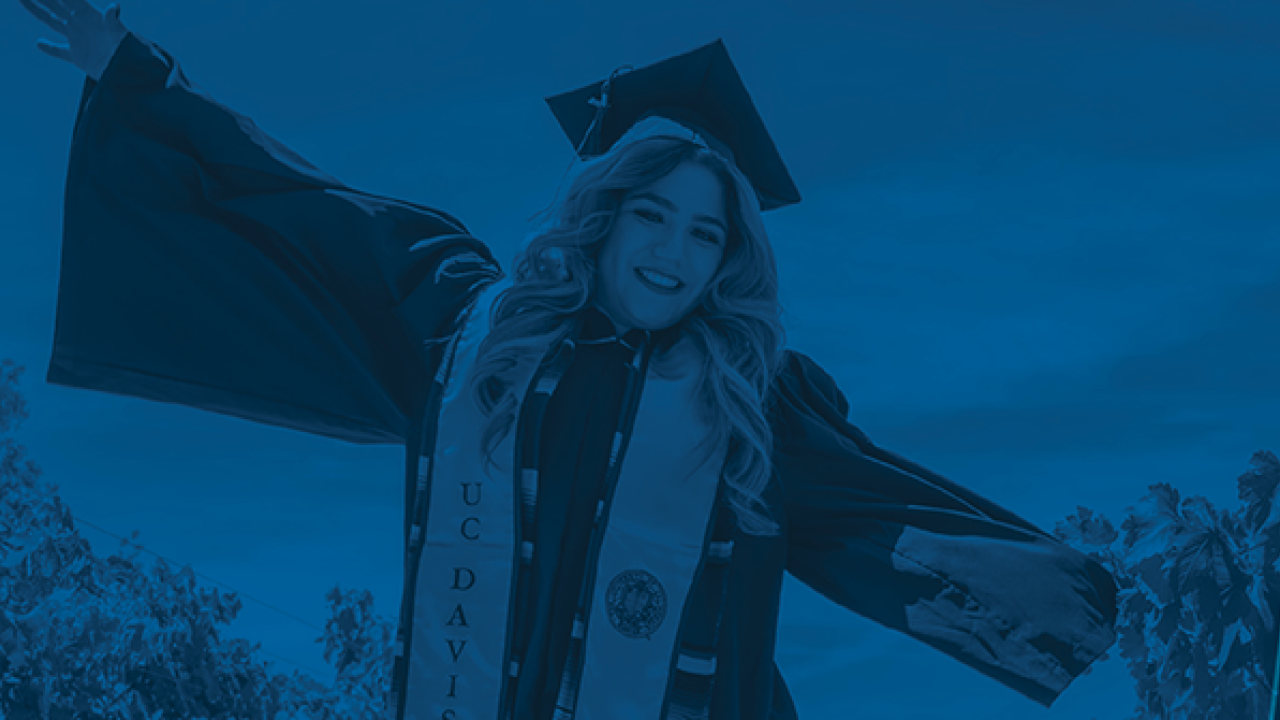 the word "Avanza" is over the top of a blur duotone image of Yissel Martinez wearing UCD graduation cap and gown, and jumping in a vineyard