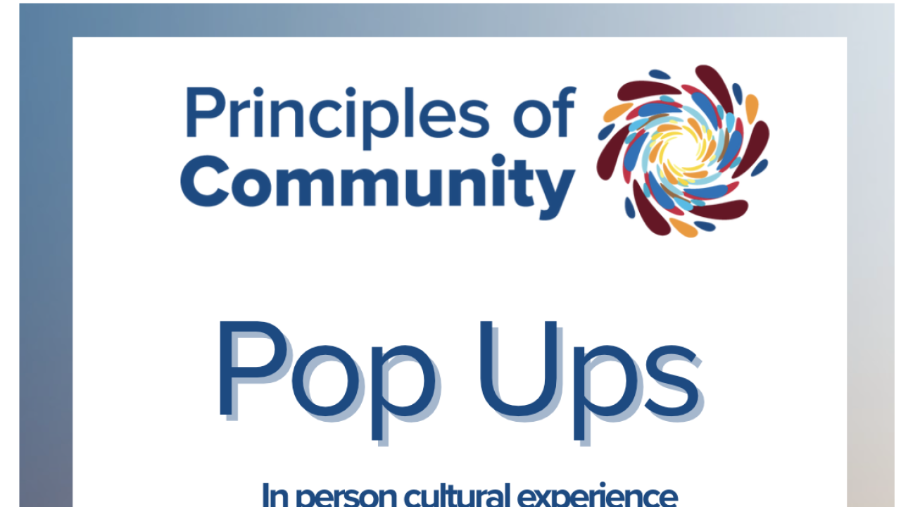 Flyer for “Principles of Community Pop Ups,” an in-person cultural experience and vendor fair on March 11, 2026 from 11 a.m. to 1 p.m., featuring small business vendors, employee resource groups, cultural performances, and light refreshments, with listed locations, a QR code for ambulatory registration, and a short link.