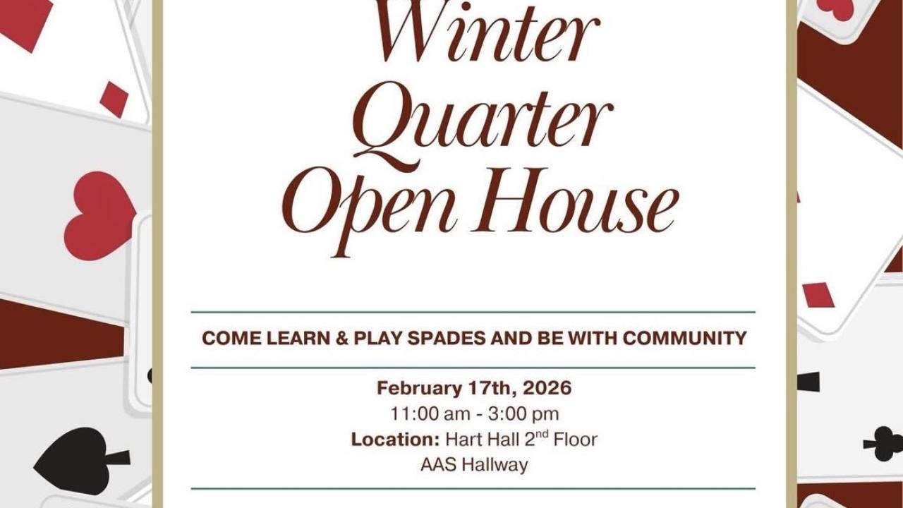 Winter Quarter Open House announcement, featuring playing cards background and event details.