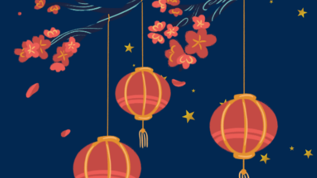 Illustration with three hanging red lanterns, pink blossoms and stars on dark blue background