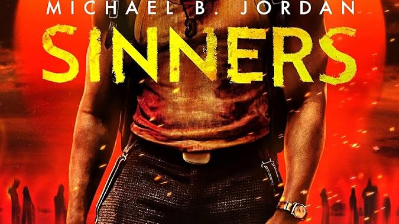 A muscular man stands confidently in a dramatic sunset background, with a title "SINNERS" prominently displayed