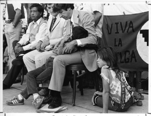Thomas E. Hayden, antiwar and civil rights activist, at UC Davis with Cesar Chavez, his son Troy Garity, and Jane Fonda's daughter Vanessa Vadim.