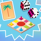 Illustration of cards, a game board and dice on a rainbow background