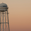 The UC Davis water tower stands against a clear peach-colored sunset sky.