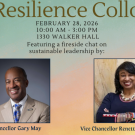 Event flyer for Aggie Resilience Colloquium featuring two speakers with a water tower backdrop.